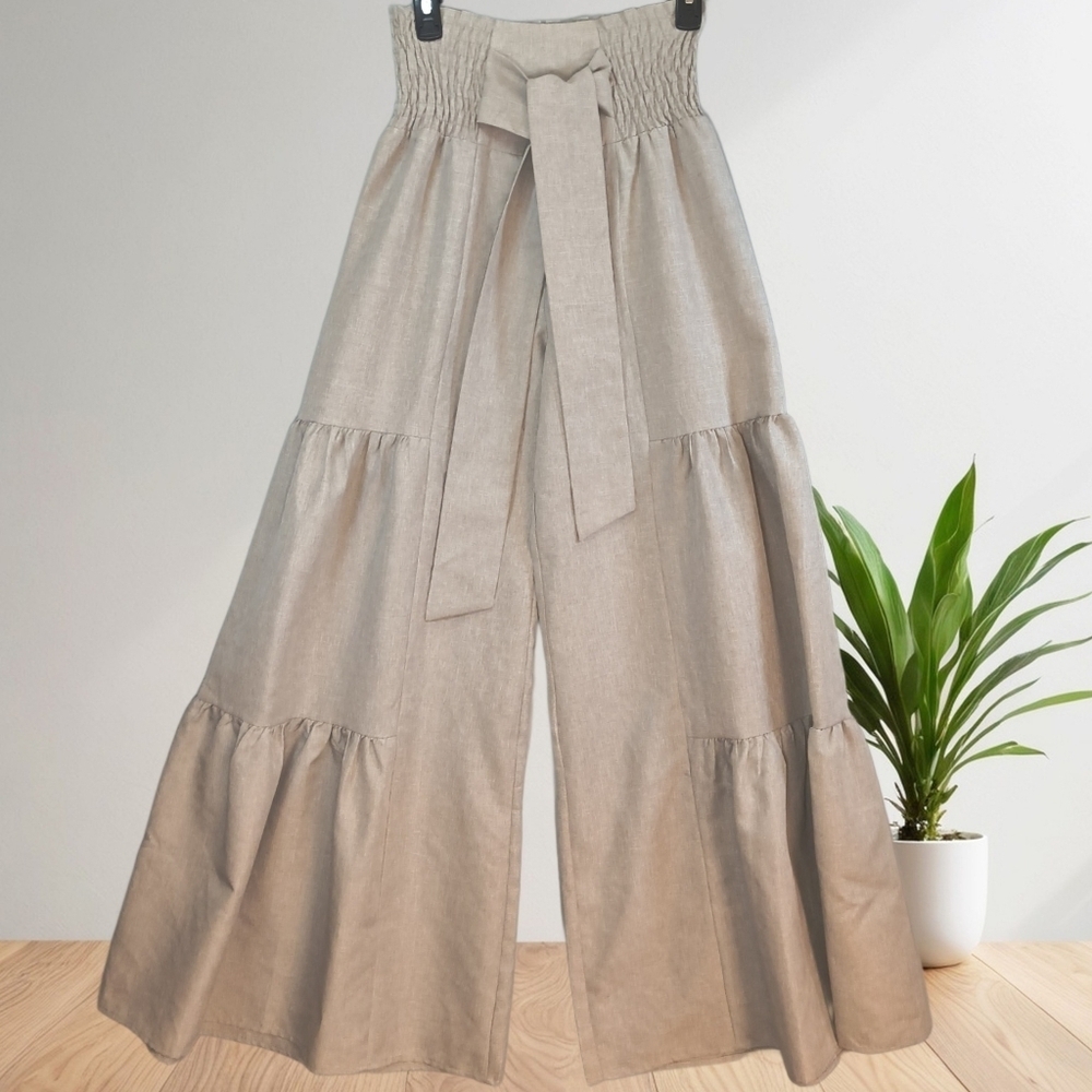 Wide Leg Tiered Tie-Waist Pants - Beige